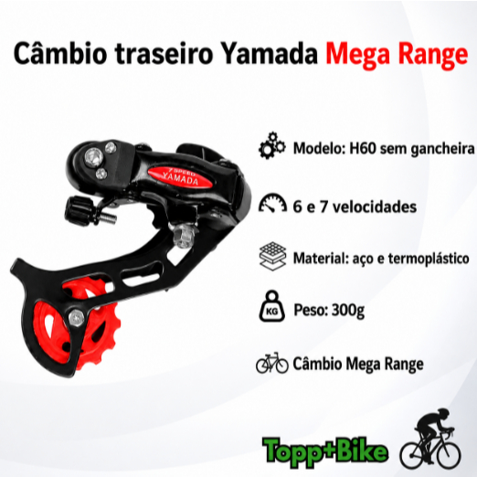 Câmbio Traseiro Mega Range 7v S/gancheira Para Bicicleta bike 21v Preto Yamada