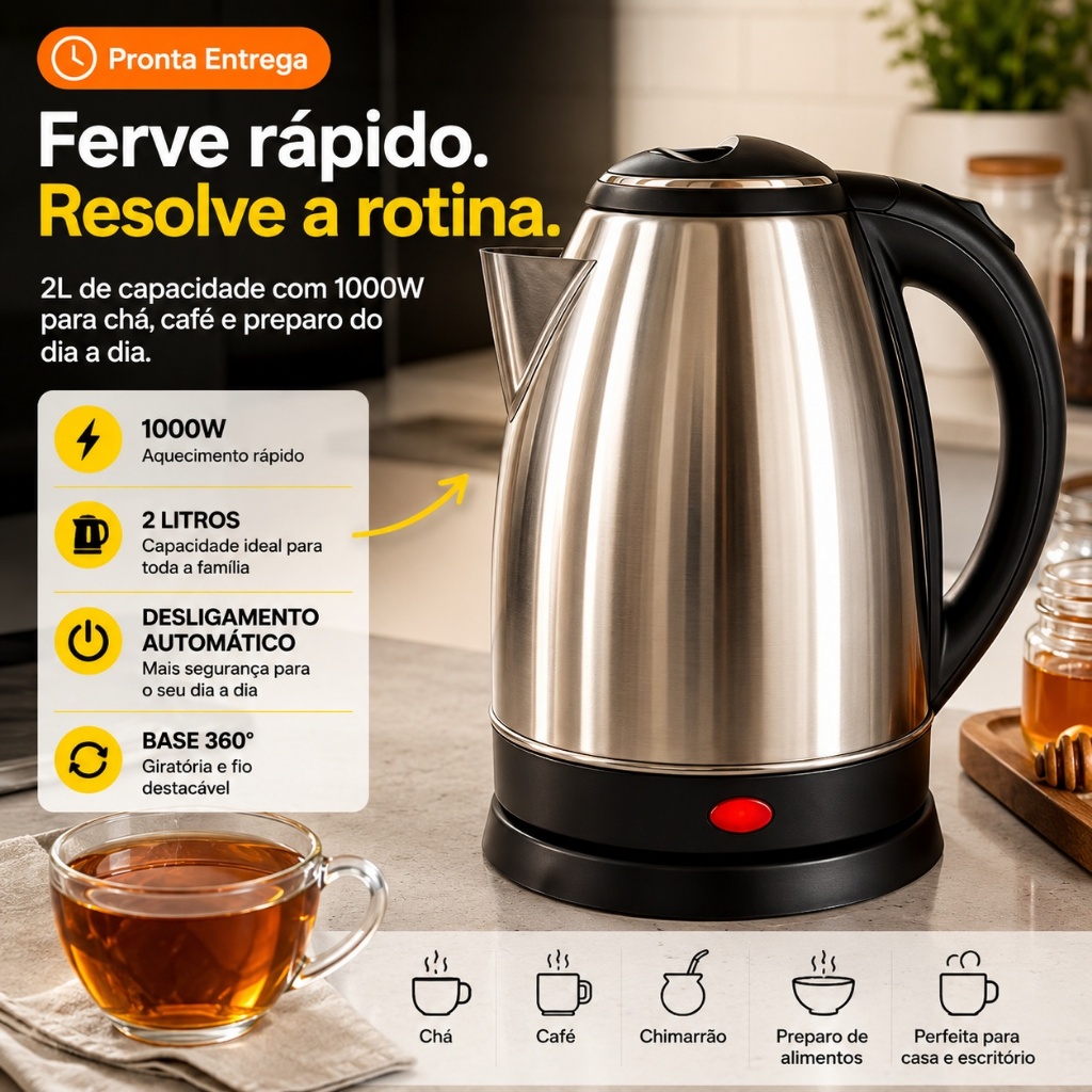 Chaleira Elétrica 110V 2 Litros Inox Desligamento Automatico Aquecimento Café Chá Fácil Abertura