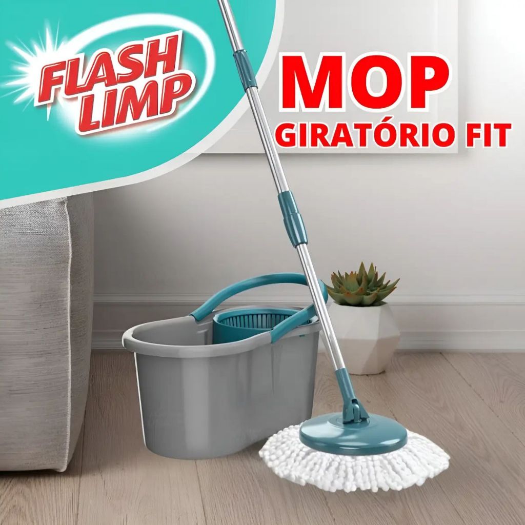 Mop Giratório 360º com Balde Duplo –  Cabo Ajustável e Esfregão Absorvente de  Microfibra