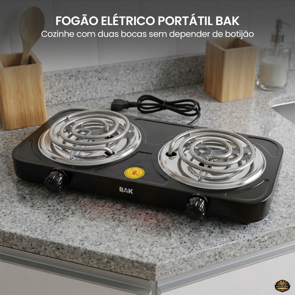 Fogão Elétrico 2 Bocas Bak 127V Portátil 2000W Controle Temperatura Panelas Comuns Cozinha Tomada