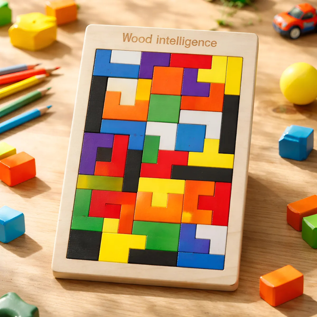 Quebra-Cabeça 3D de Madeira Arco-Íris Tetris Tangram Brinquedo Educativo Montessori para Crianças