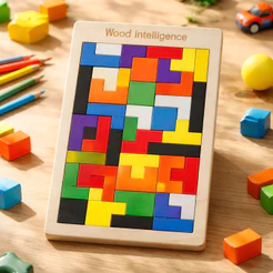 Quebra‑Cabeça 3D Madeira Arco‑Íris Tetris Tangram Montessori Brinquedo Educativo Presente Dia das Crianças para Crianças