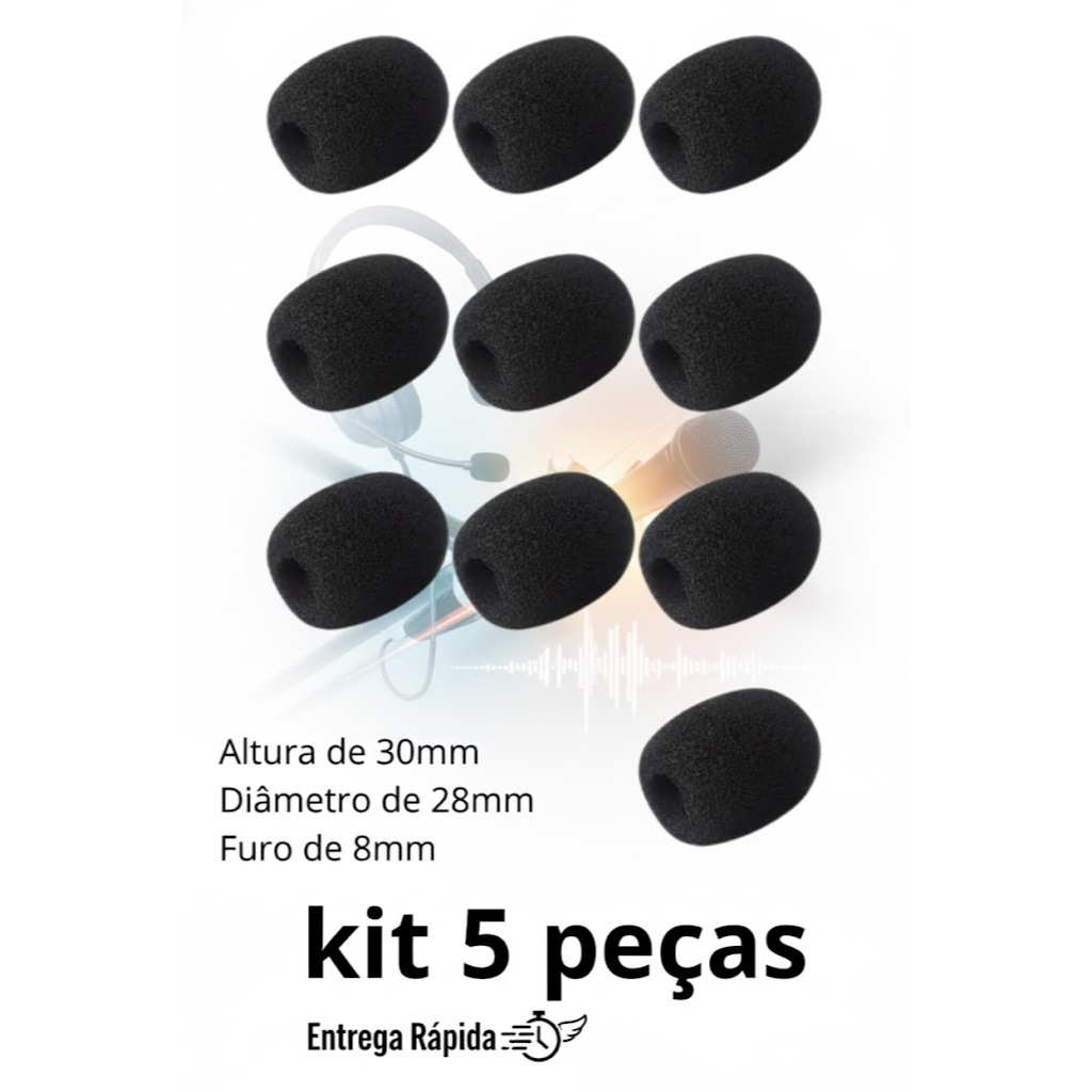 Kit 5 Espuma para Microfone Headset Intercomunicador Redução Ruído Anti Puff