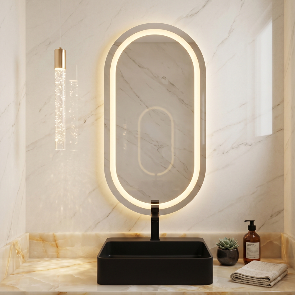 Espelho Oval 80x40cm Jateado com Led 110v e Botão Liga/Desliga Decoração