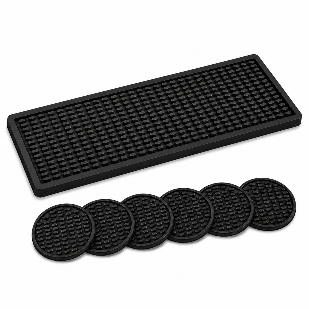 Kit Escorredor de Louça Barmat PVC Antiderrapante 45x15cm + 6 Porta Copos Cozinha Bar Área Gourmet