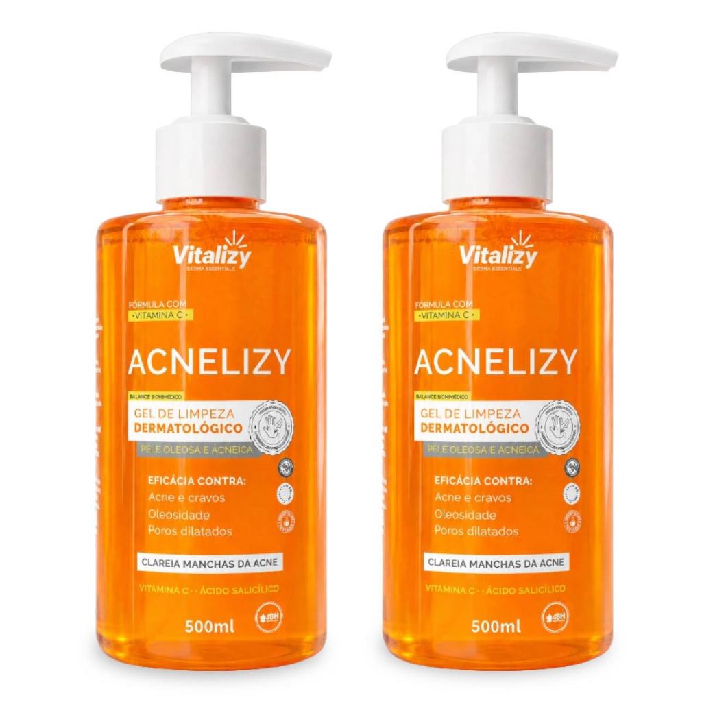 Kit 2x500ML Gel de Limpeza Facial Controle da Oleosidade Pele Oleosa e Acneica Limpeza Profunda Vitalizy