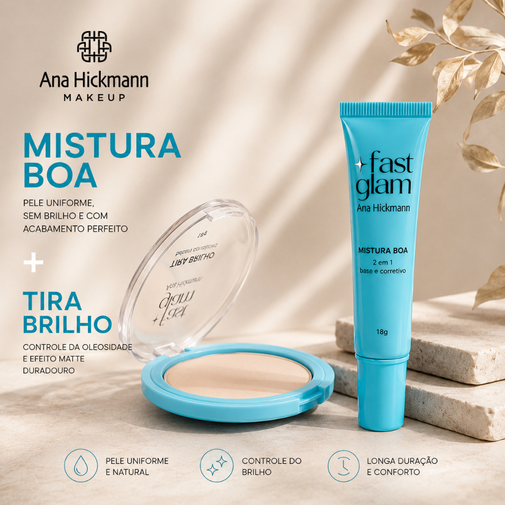 Kit Pó Compacto Tira Brilho + Base 2 em 1 Mistura Boa Maquiagem Ana Hickmann.