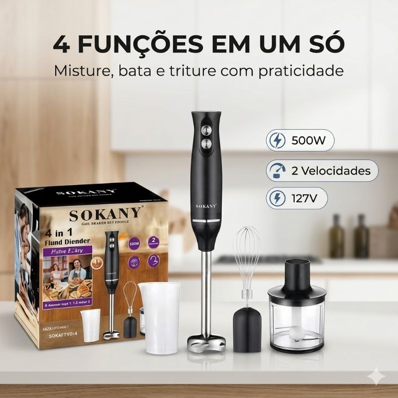 Mixer de Mão Triturador Batedor Elétrico 4 em 1 500W com Acessórios Processador e Fouet 127V