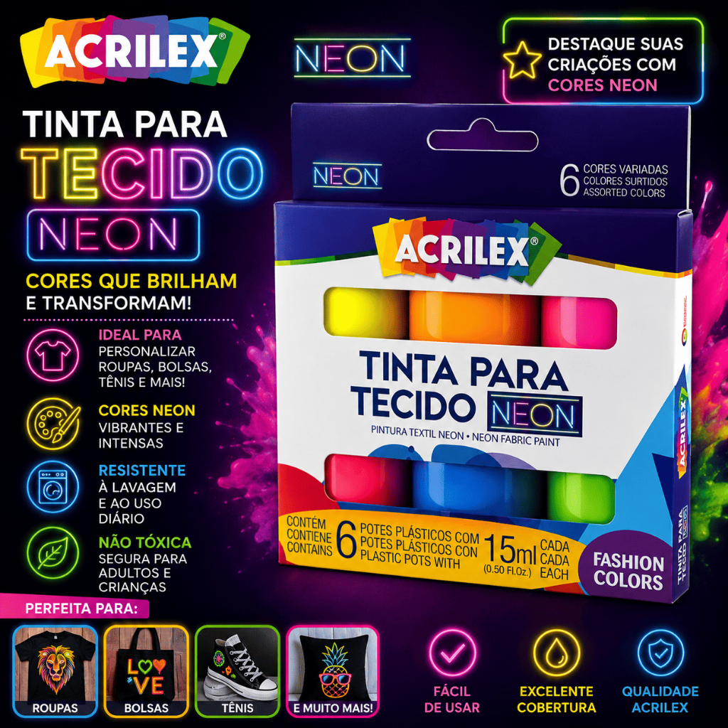 Tinta Para Tecido Neon Acrilex 6 Cores Fluorescentes 15ml Kit Pintura Tecido Fluorescente