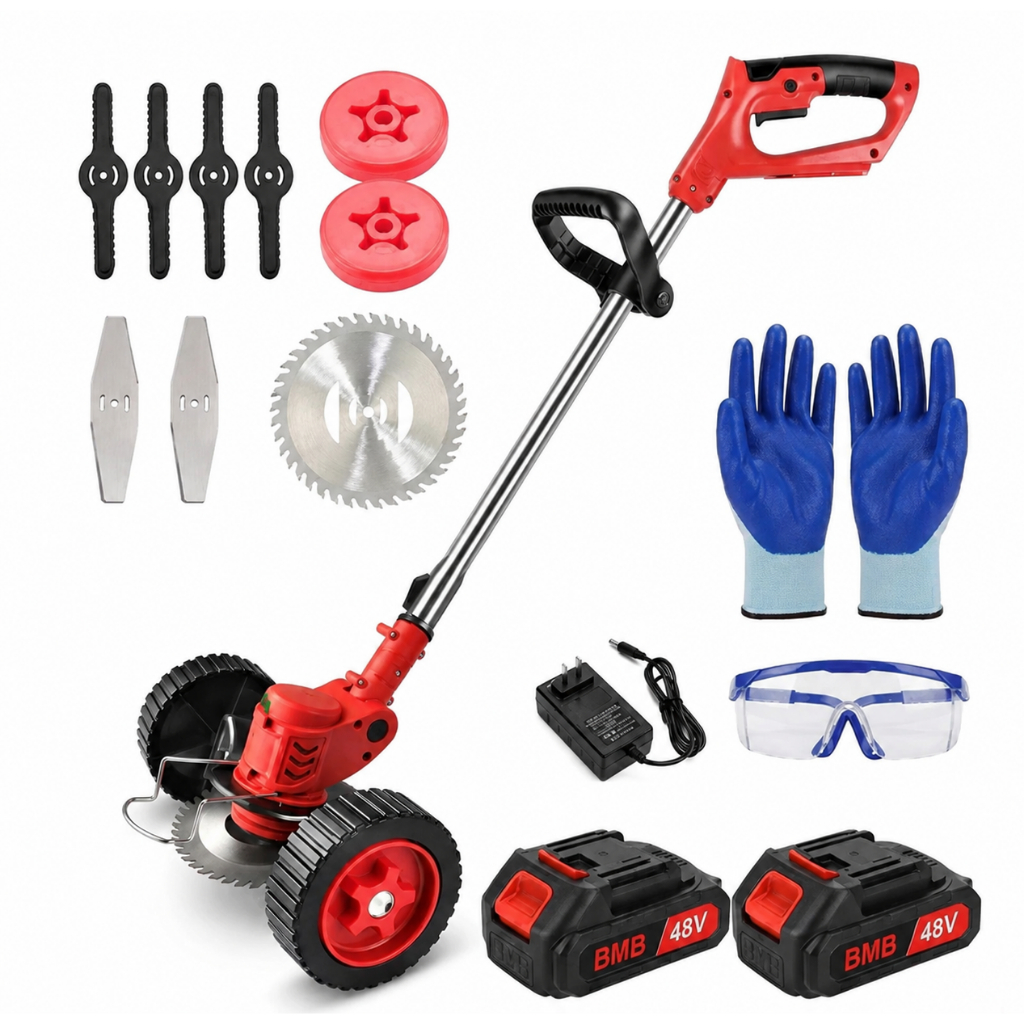 Roçadeira Aparador Cortador De Grama Elétrico Recarregável Com Rodas 2 Baterias de Lítio kit completo