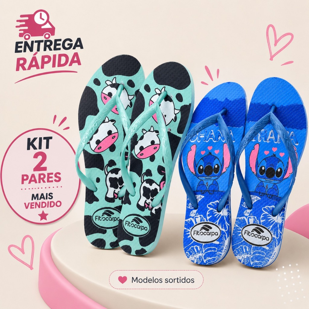 Kit 2 Pares Chinelo Vaquinha Gatinho Super Leve Confortável Antiderrapante Envio Imediato Promoção
