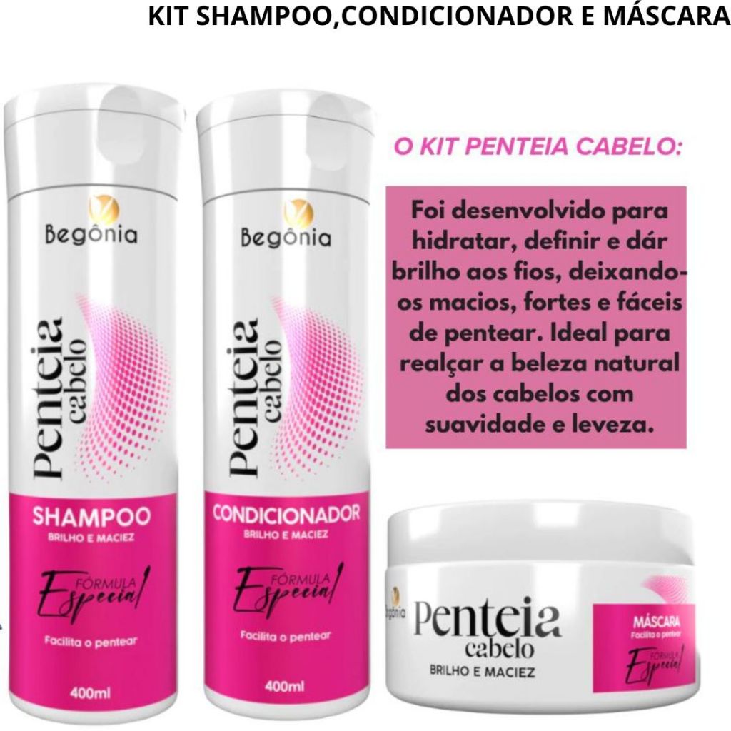KIT PENTEIA CABELO 3 ITENS BEGÔNIA COSMÉTICOS FORMULA ESPECIAL