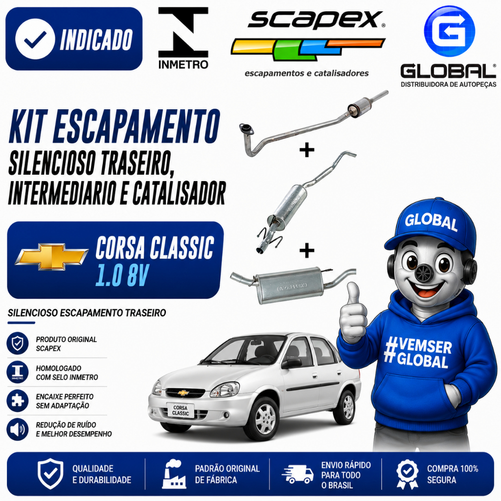 Kit Escapamento Silencioso Traseiro, Intermediario e Catalisador Corsa Classic 1.0 8v OriginalScapex