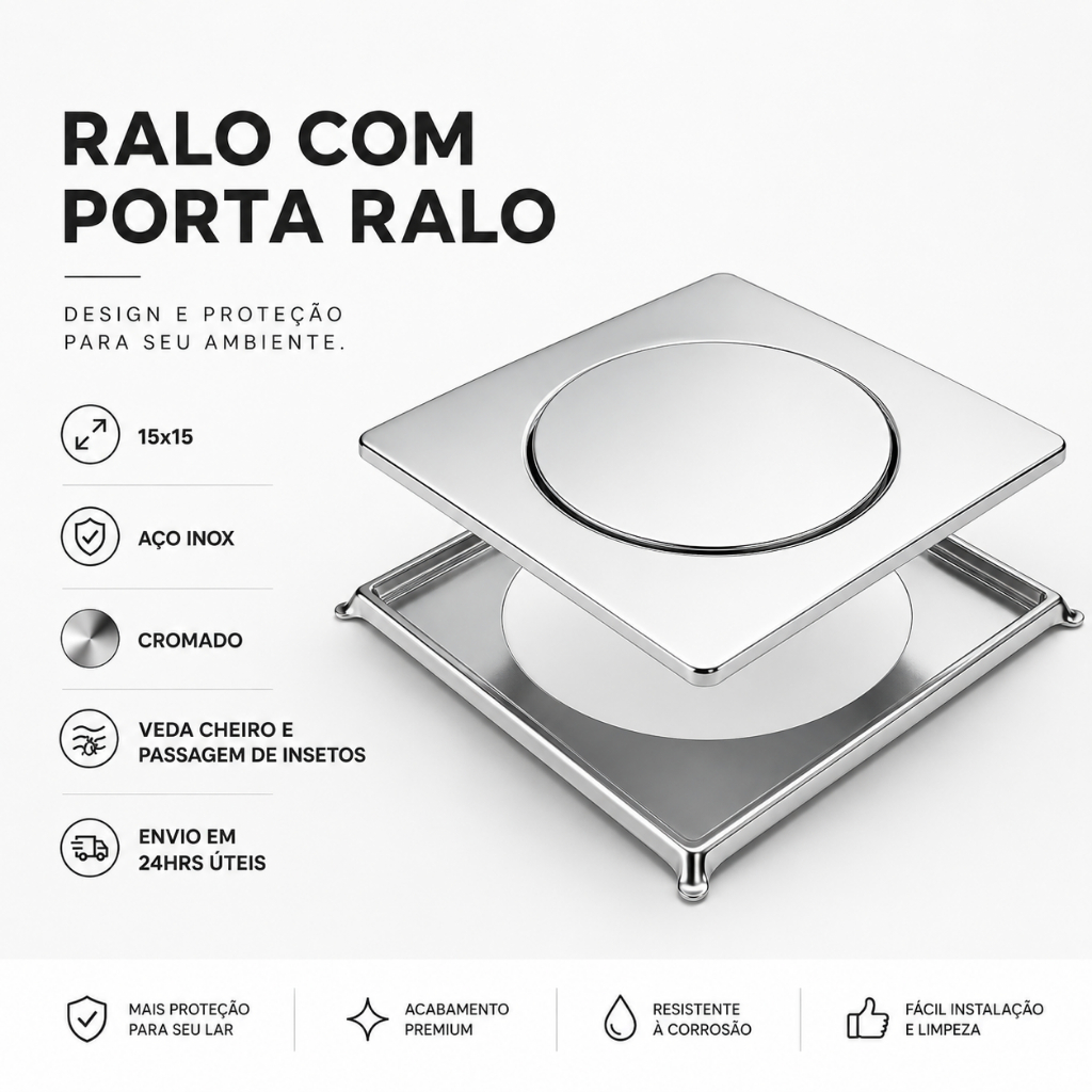 Ralo Inteligente Click Pop Up 15x15 Aço Inox Cromado Premium + Porta Ralo Click Inox
