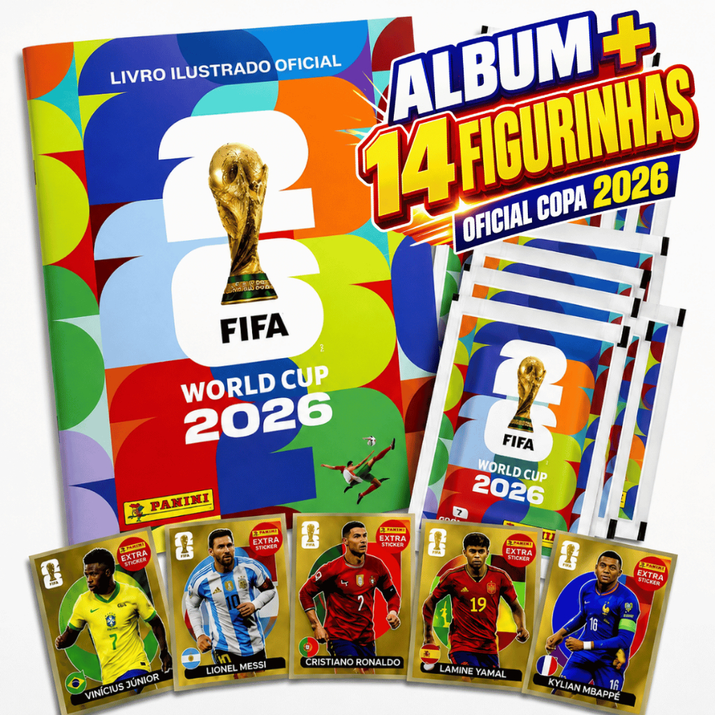 Álbum Copa do Mundo 2026 Capa Mole + 14 Figurinhas com Chance de Lendária