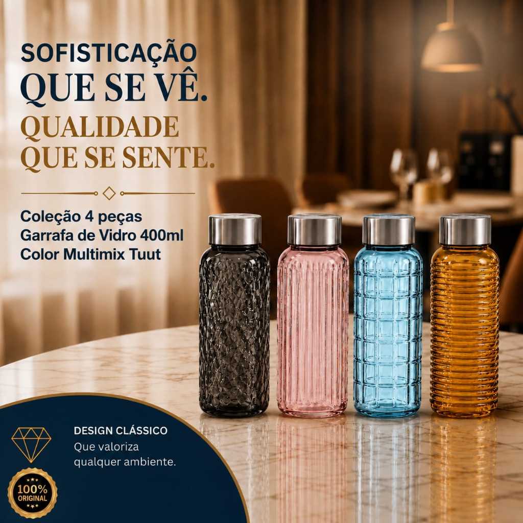 Garrafa de Vidro 400ml Color Multimix Tuut (unidade)