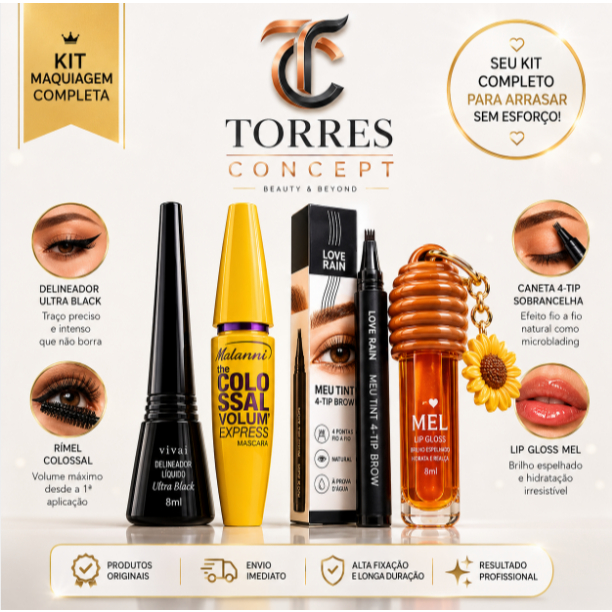 Kit Maquiagem Completa Delineador Vivai Rímel Colossal Caneta Sobrancelha Love Rain Lip Gloss Mel