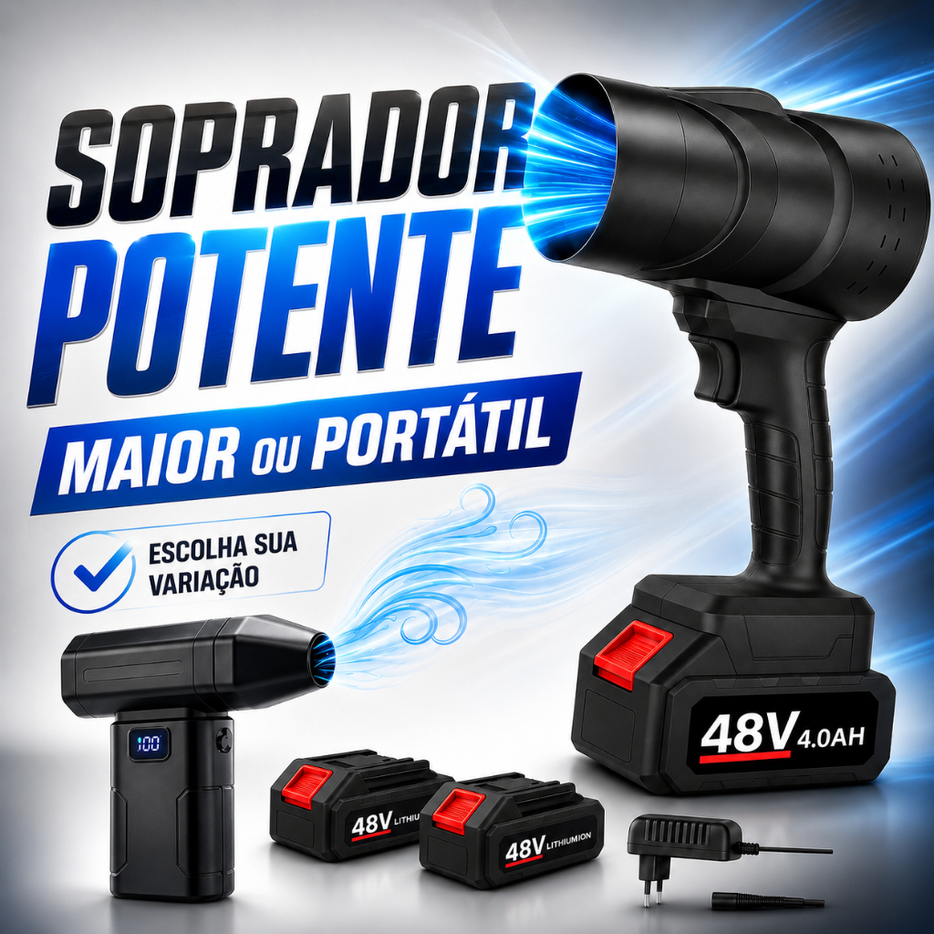 Soprador De Folhas Turbo Portátil 48V 2 Baterias Forte ou Mini Soprador Portátil 6 Velocidades