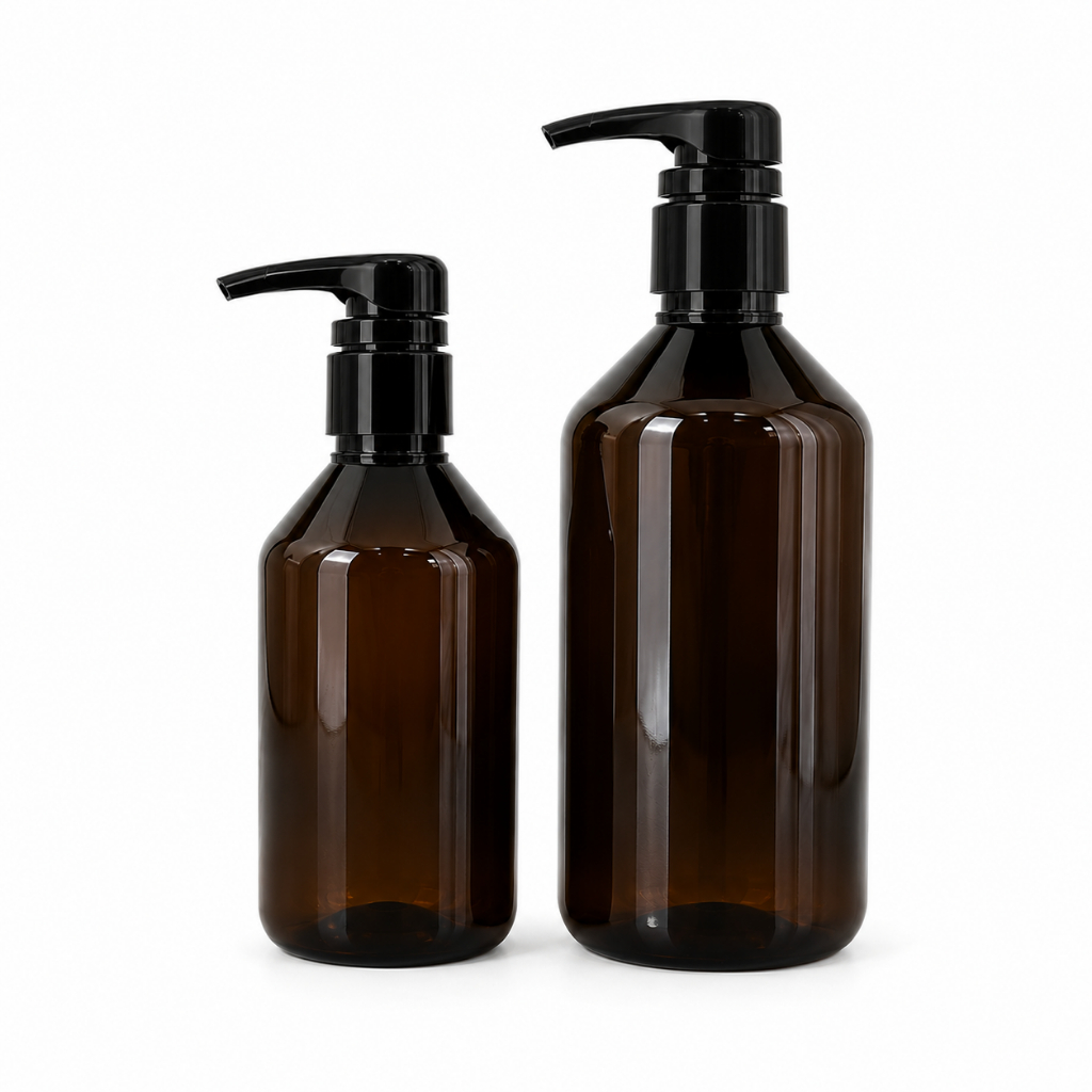 Frasco PET Âmbar 250ml e 500ml com Válvula Pump Profissional Dosadora Dispenser Sabonete Líquido Shampoo Condicionador