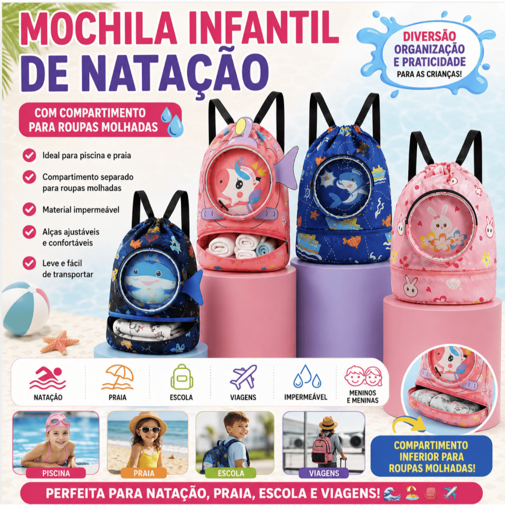 Mochila Infantil de Natação Impermeável Para Praia Piscina Escola Viagem Menino E Menina