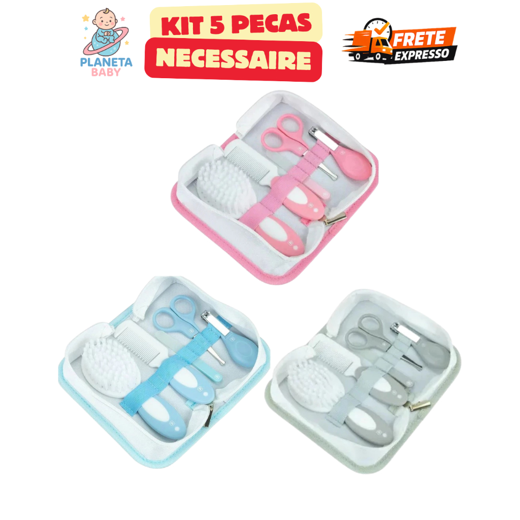 Kit Higiene Infantil Pimpolho com Maleta Necessaire Guardar Transporte Azul Rosa Cinza Menino Menina