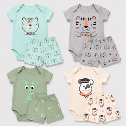 Kit 4 Peças Body Bebê Menino Fofo + Short Tapa Fralda Estampas Sortidas RN ao GG Enxoval, maternidade