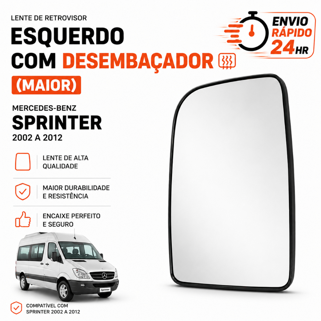 Lente Espelho Retrovisor Esquerdo Sprinter 415 515 2014 em diante - Espelho maior Com desembaçador