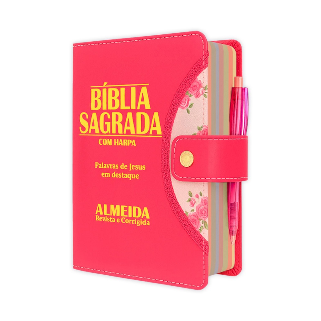 Bíblia Sagrada Evangélica femenina - Botão Pink | ARC - João Ferreira de Almeida com Harpa e Índice por Cores SI