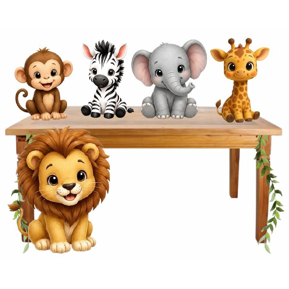 Kit Display SAFARI CUTE Aquarela mod1 1 Peça Chão + 4 Peças Mesa Totens - CORTE A LASER