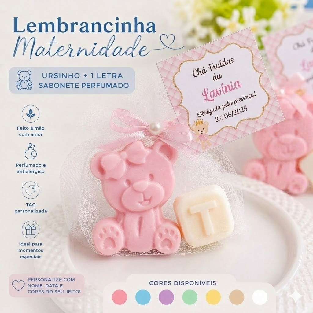 Lembrancinha Maternidade Ursinho Sabonete com Letra Personalizado Infantil Chá de Bebê Nascimento