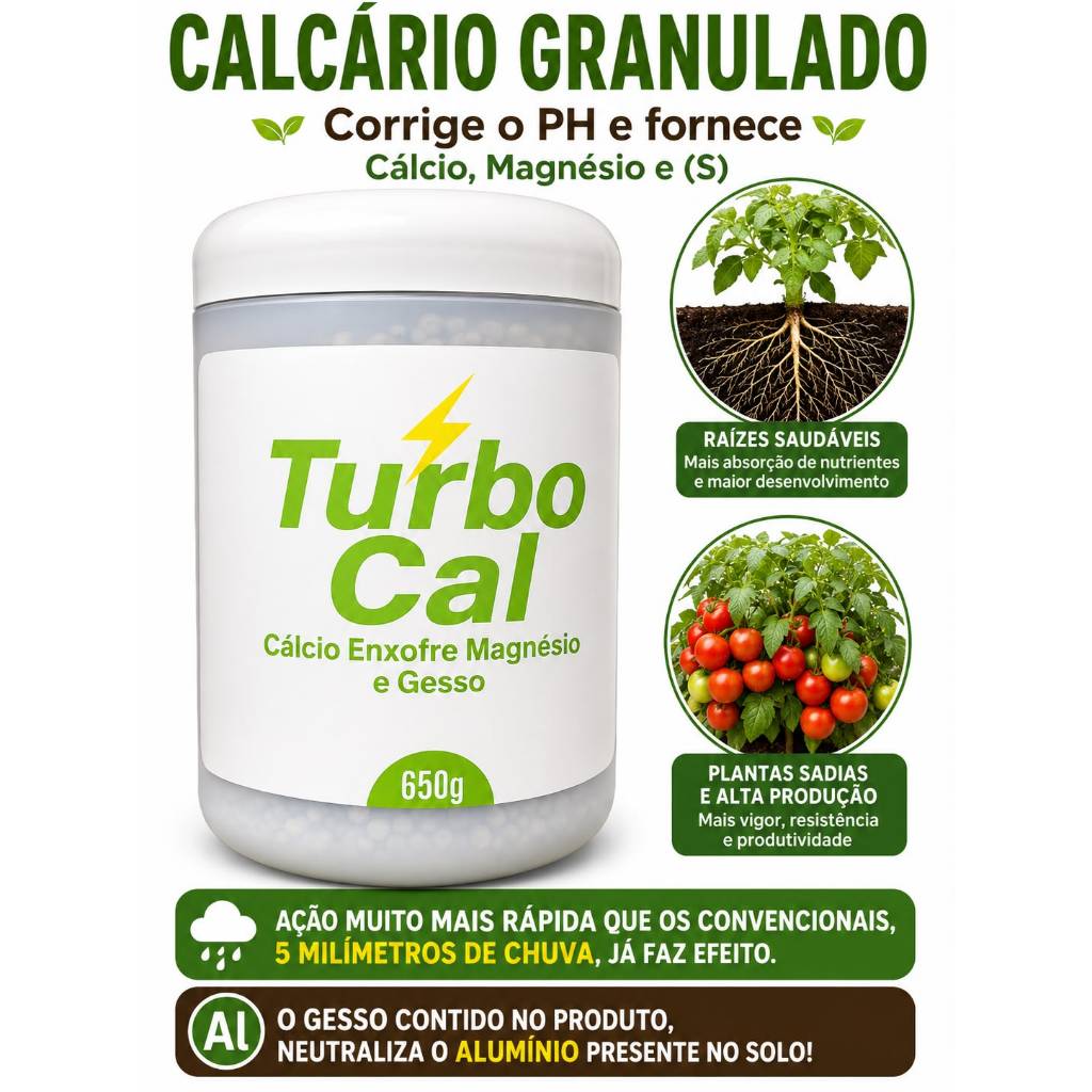 TURBO CAL - Calcário de Ação Rápida - Cálcio, Magnésio, Enxofre e Gesso (650Grama)