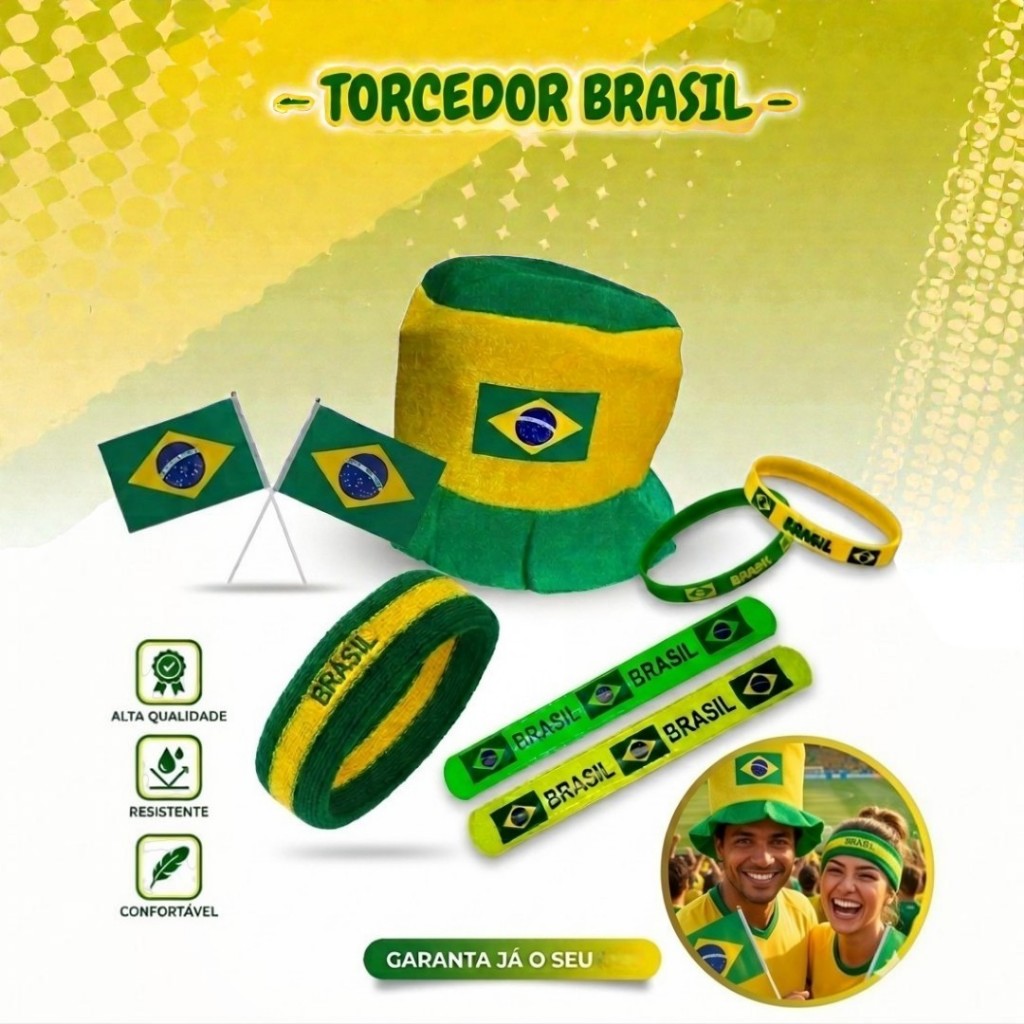 Torcedor Brasileiro / Cartola do Brasil/ Faixa de Cabeça do Brasil/ Pulseira do Brasil/ Bandeira do Brasil