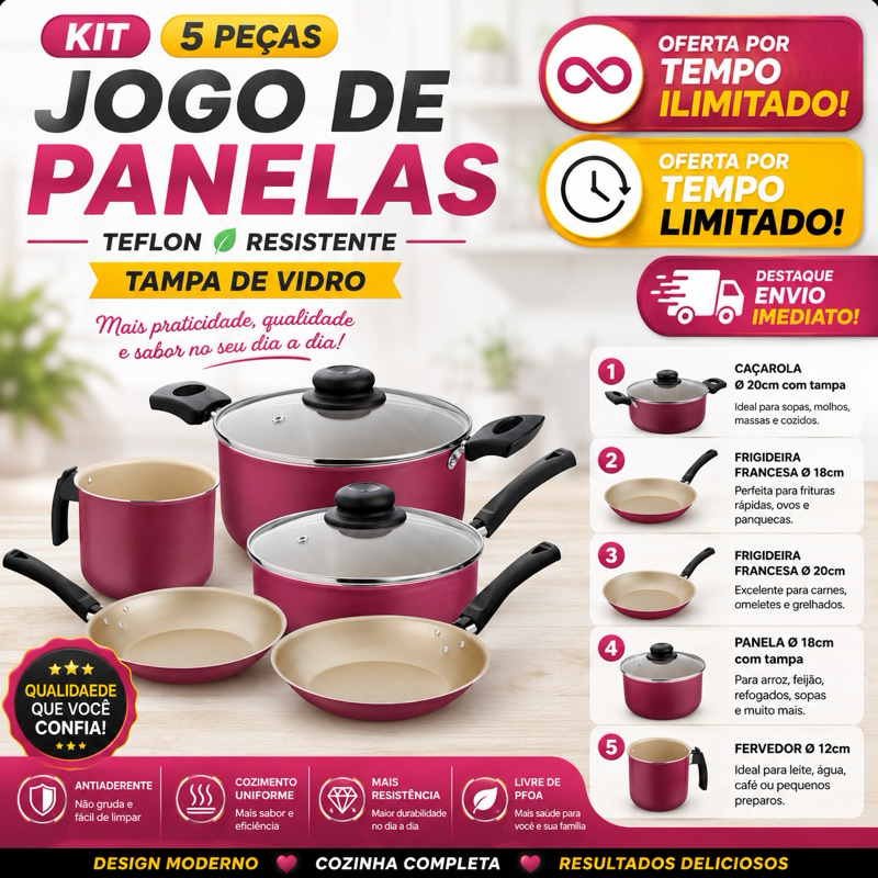 Conjunto Panelas Kit 5 Panelas Linha Luxo Tampa de Vidro Teflon Clarity 5 Peças Cereja e Creme