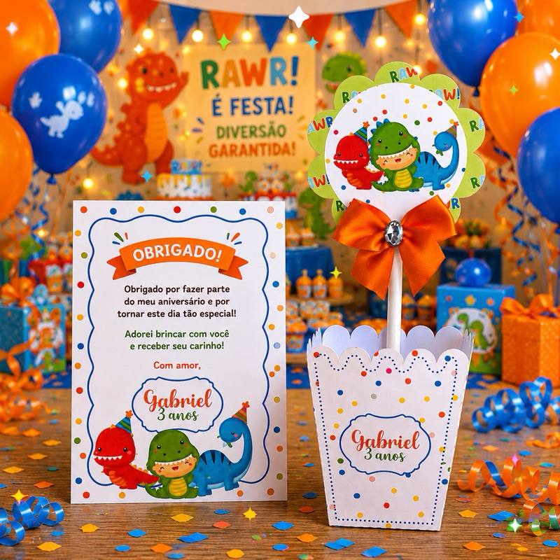 Kit Festa Centro de Mesa + Plaquinha de Agradecimento Dino