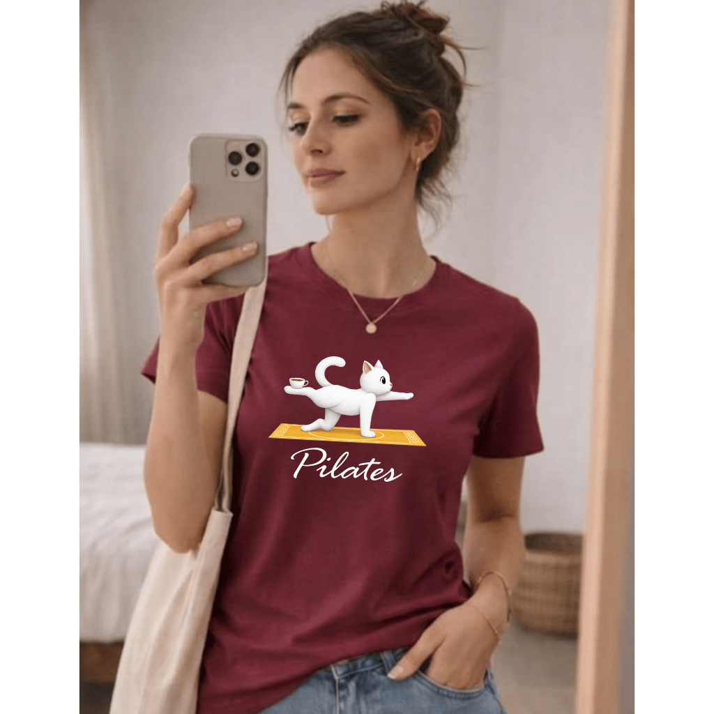 Camiseta Feminina Gatinho Pilates Academia camisa Algodão Estampada Confortável Manga Curta Moda Feminina