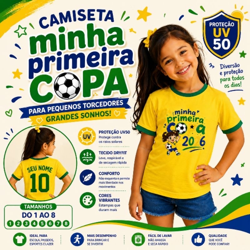 Camiseta Brasil Minha Primeira Copa do Mundo Camisa Amarela.do Brasil Infantil Rumo ao Hexa