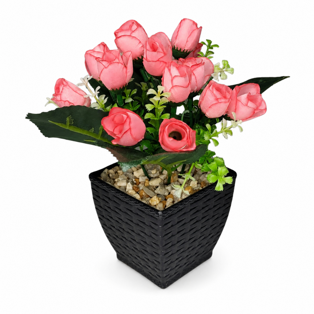 Arranjo De Rosas Artificiais Cor De Rosa 18cm Com Vaso Preto Decorativo