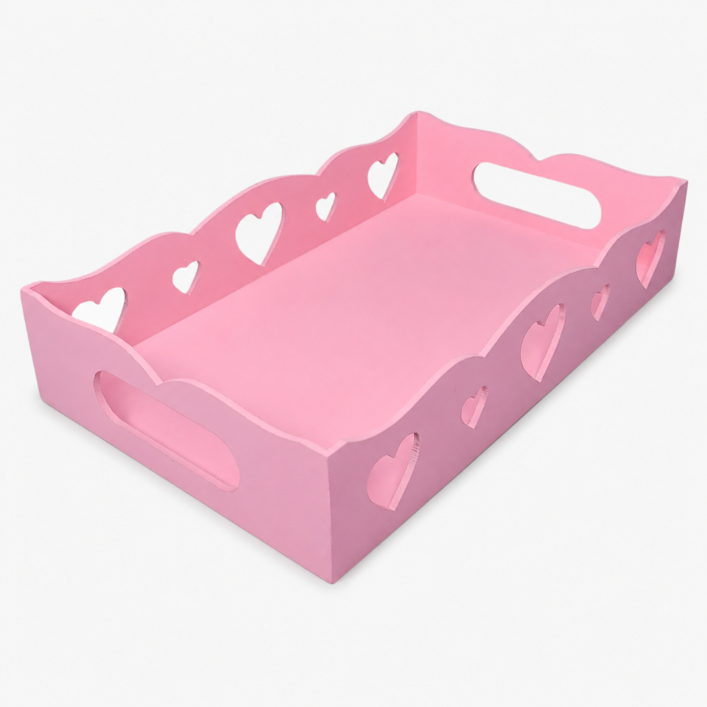 Bandeja Rosa Em MDF Com Corações  (35X23x05)  Para Café Da Manhã E Organização