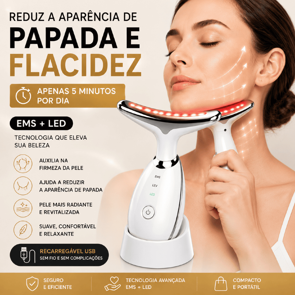 Massageador Facial Microcorrente EMS LED Lifting Papada Flacidez Pescoço USB LumiLift