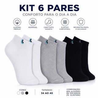 6 Pares de Meia Cano Curto Soquete Algodão Premium Masculina e Feminina - Meias Preto, Cinza, Branco