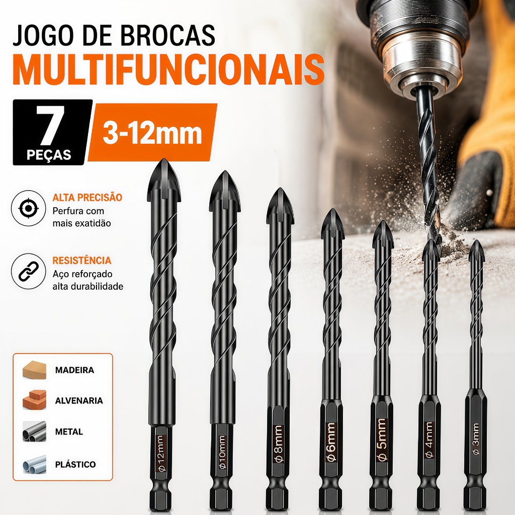 Kit 7 Brocas Multifuncional 3-12mm - Fura Porcelanato Vidro Concreto Madeira - Ponta de Metal Duro
