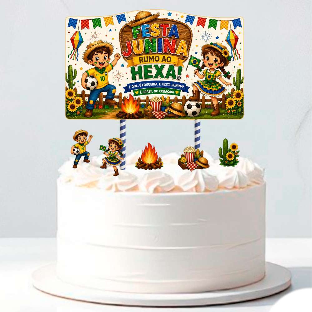 Kit 1 Topo De Bolo Festa Junina + 5 Topper P/ Doces Brasil Rumo ao Hexa Fundo Branco Fogueira Cacto