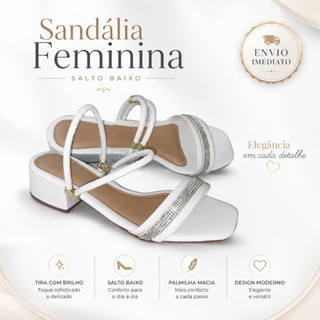 Sandalia Rasteirinha Feminina Salto Baixo Quadrado Strass Brilho Elegante Envio Imediato