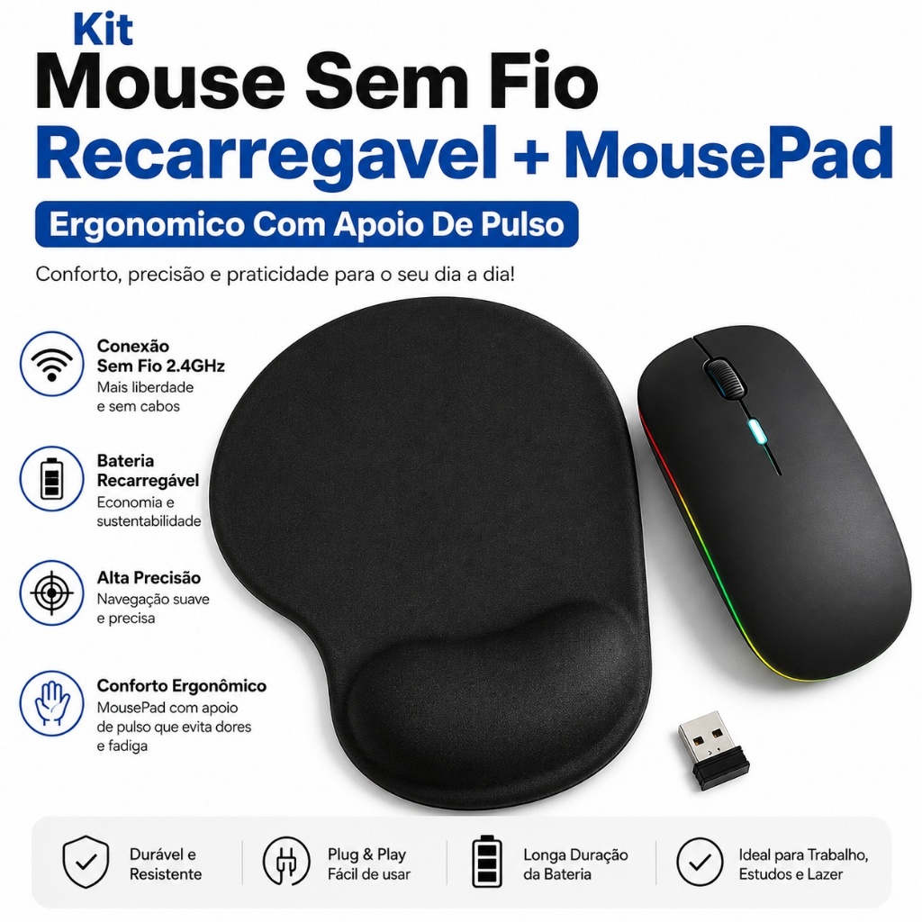 Kit Mouse Sem Fio Recaregavel + MousePad Ergonomico Com Apoio De Pulso