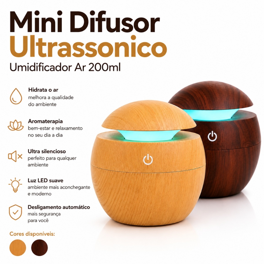 Mini Difusor Ultrassonico Umidificador Ar Aromatizador Purificador De Aromas Com Led Oleo Essencial