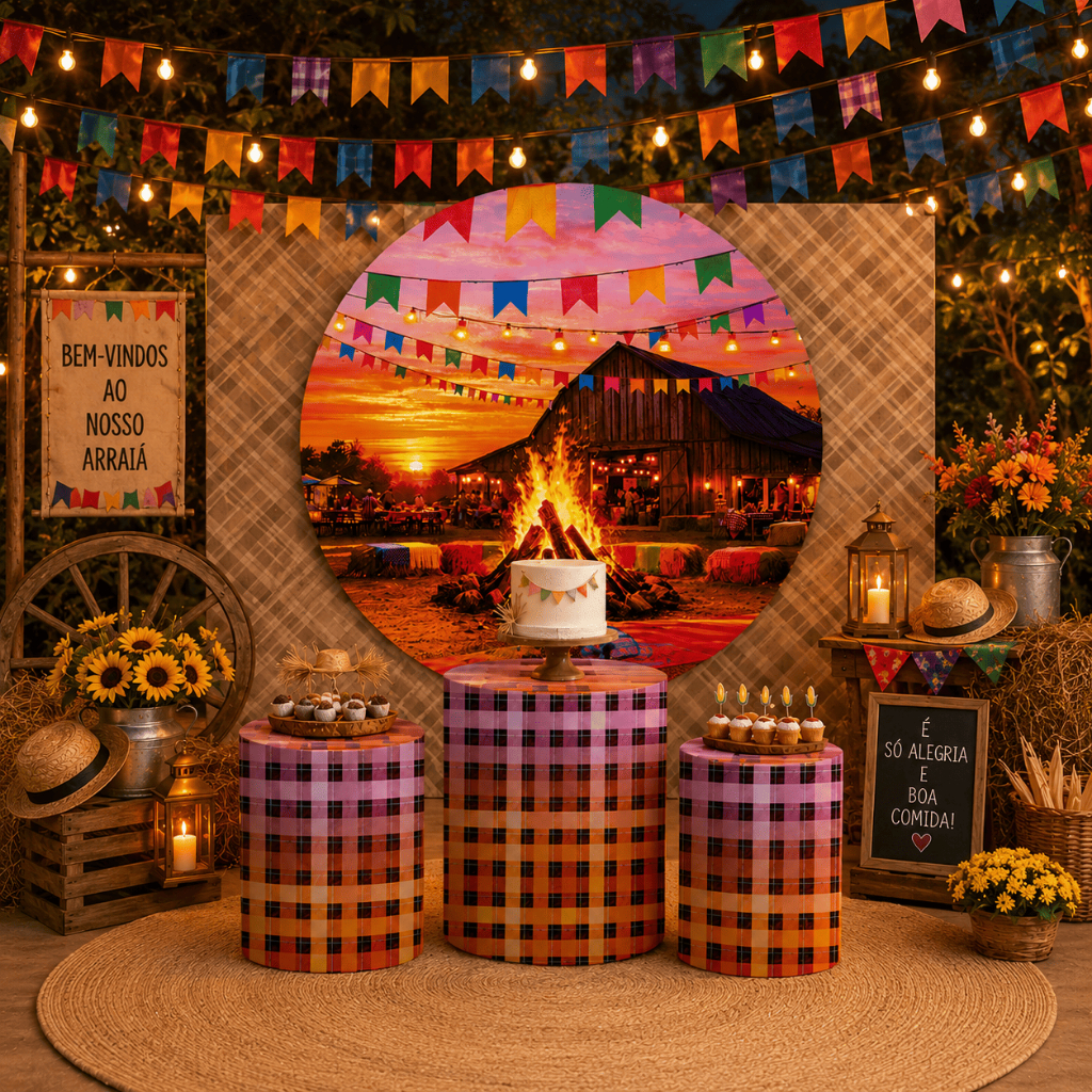 Capas Festivas  Festa Junina Arraiá Painel Redondo Trio Cilindro Fogueira Decoração Bibi Painéis Oferta
