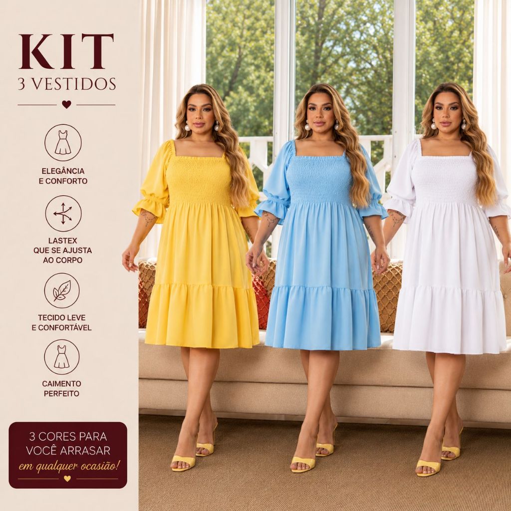 kit 3 vestido midi plus size manga princesa roupas femininas plus size feminino roupa plus size …