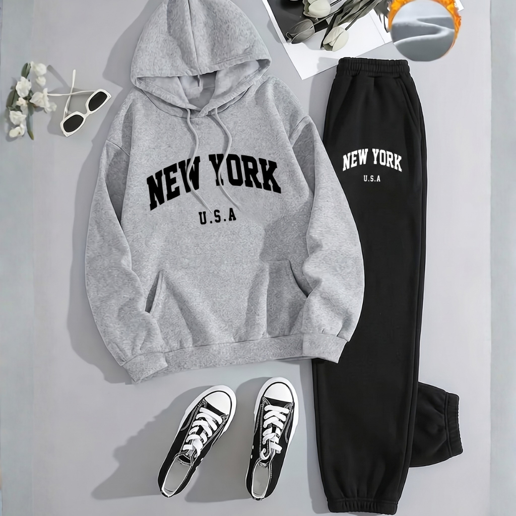 Conjunto Moletom Feminino Masculino Unissex New York USA Moletom de Capuz e Bolso + Calça de Moletom