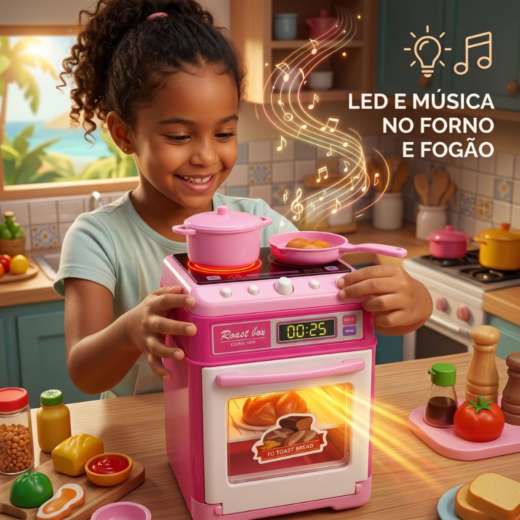 Fogão Infantil Rosa 2 Bocas Com Forninho Som Luz LED Música Panelinhas Acessórios Cozinha Brinquedo Educativo Meninas