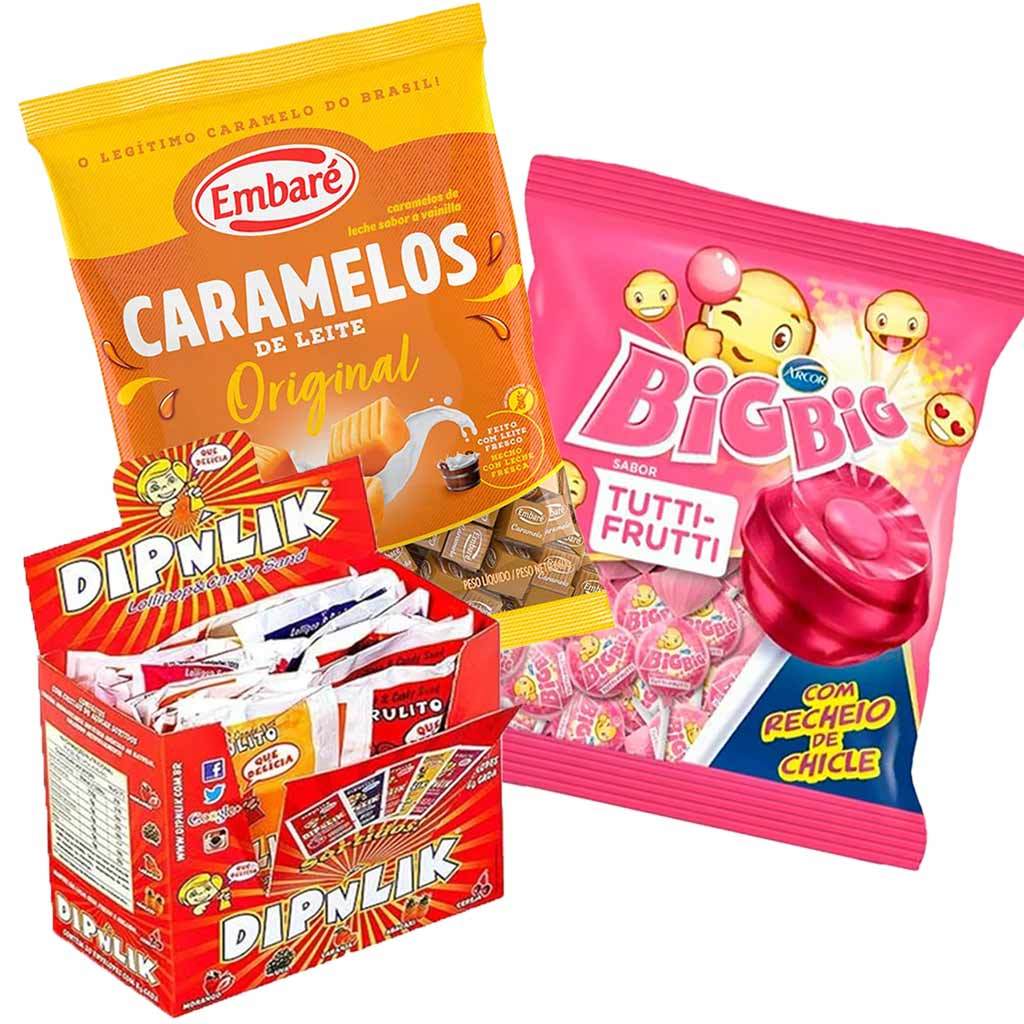 Kit Festa 3 itens Bala Embaré Leite + Pirulito Big Big Tutti Frutti Arcor + Pirulito Dipnlik Sortido